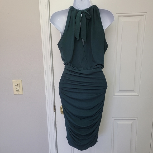 BCBG MAXAZRIA Dark Green Hunter Ruched Draped Bodycon Halter Dress Size M - Picture 4 of 9